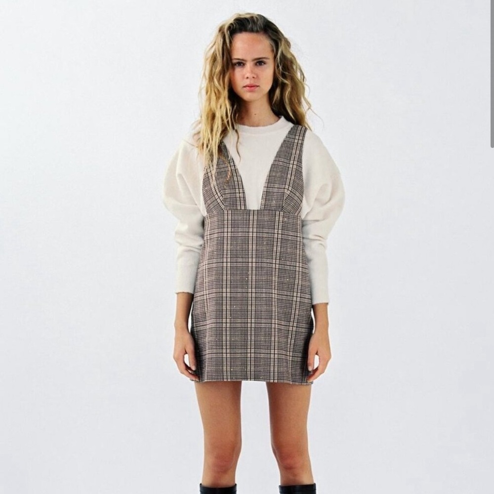 Zara Tan Plaid Academia Pinafore Mini Dress